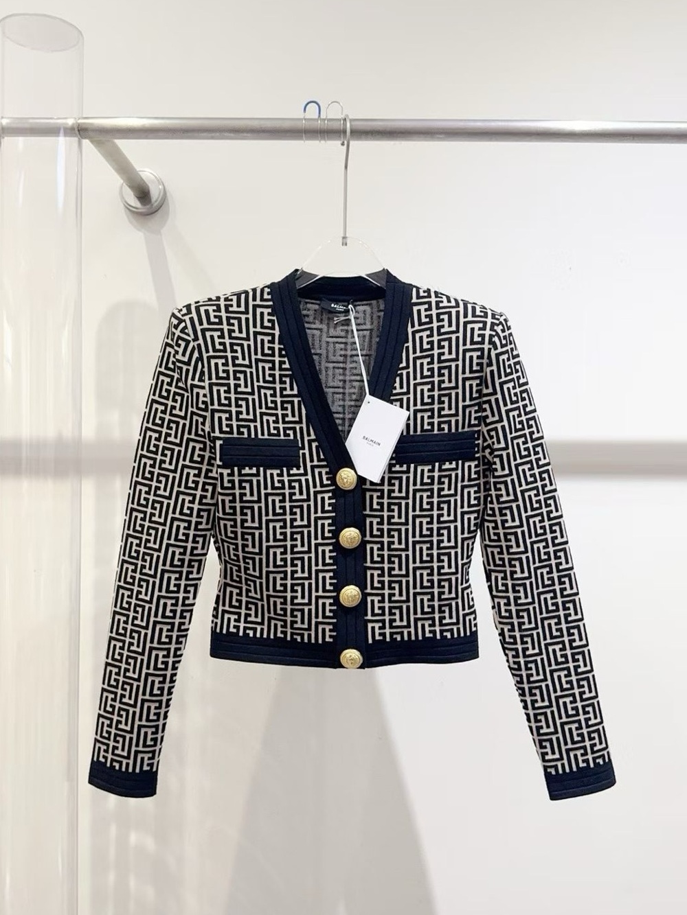 Authentic Balmain Black & White Geometric Cropped Jacket with Gold Buttons